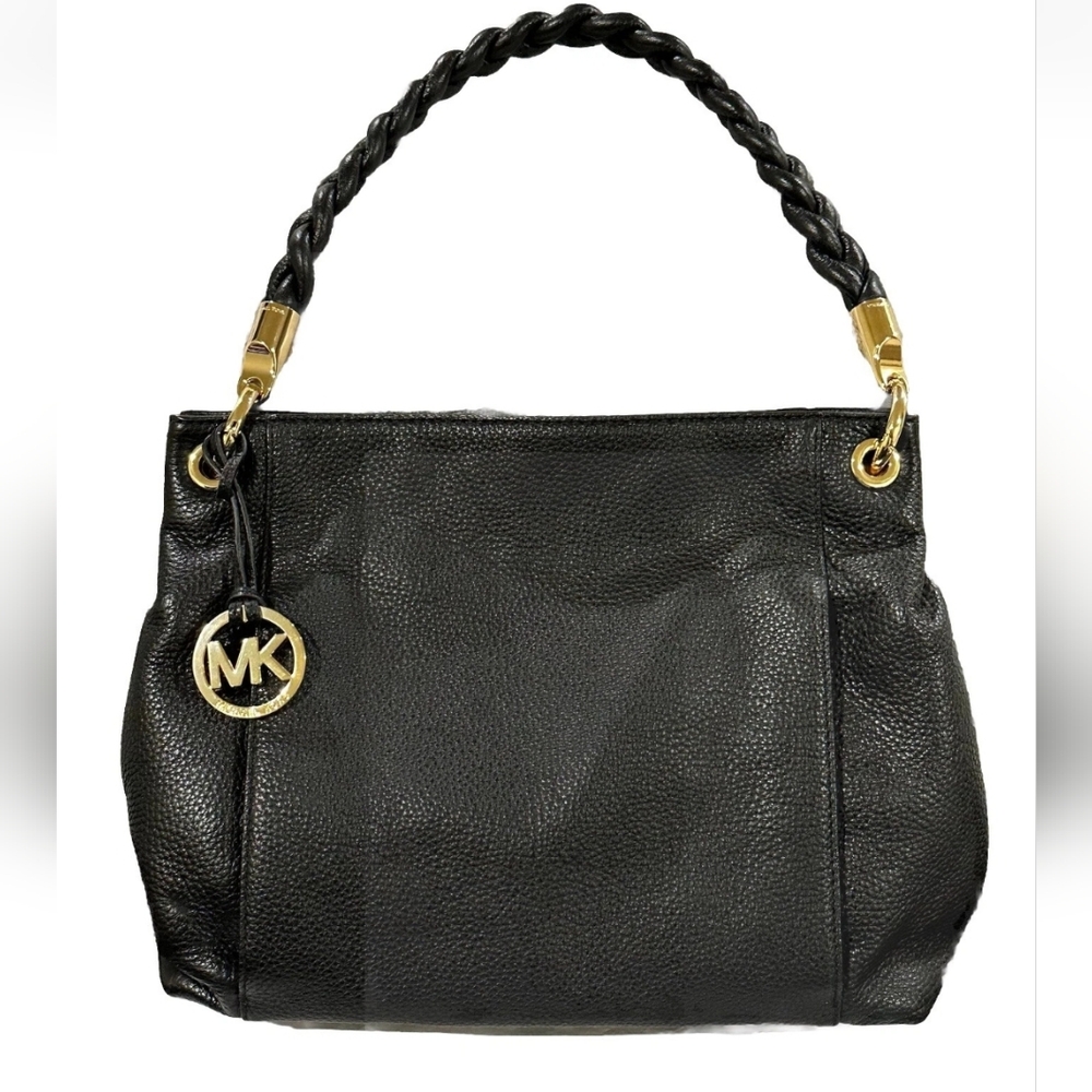 Michael Kors Pebbled Black Leather Naomi Twist Braided Strap Shoulder Bag